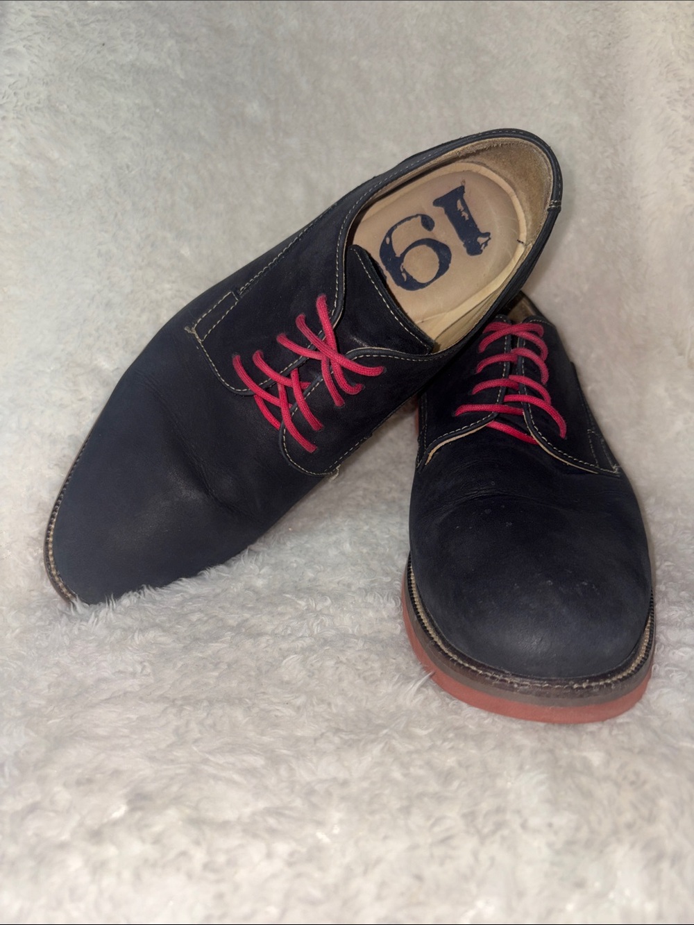 1901 Nordstrom Mens Navy Blue Suede Derby Shoes Red Laces Brick Sole